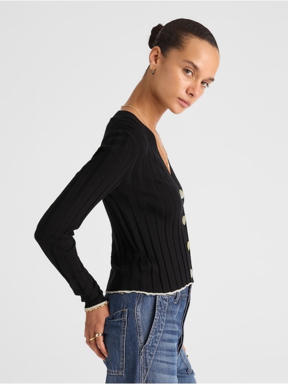 Madewell Tipped Merino Wool Silk Ribbed Cardigan Navy Medium - Picture 4 of 14